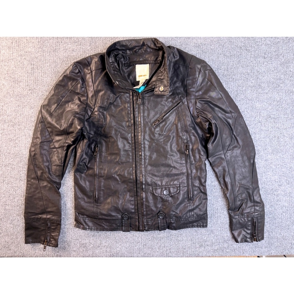 Diesel Mens Small Black Coated Cotton Biker Jacket Teal Lining Moto Streetwear S